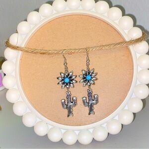 Earrings Western Silver-tone Flower Faux Turquoise Center Cactus Dangle Boho